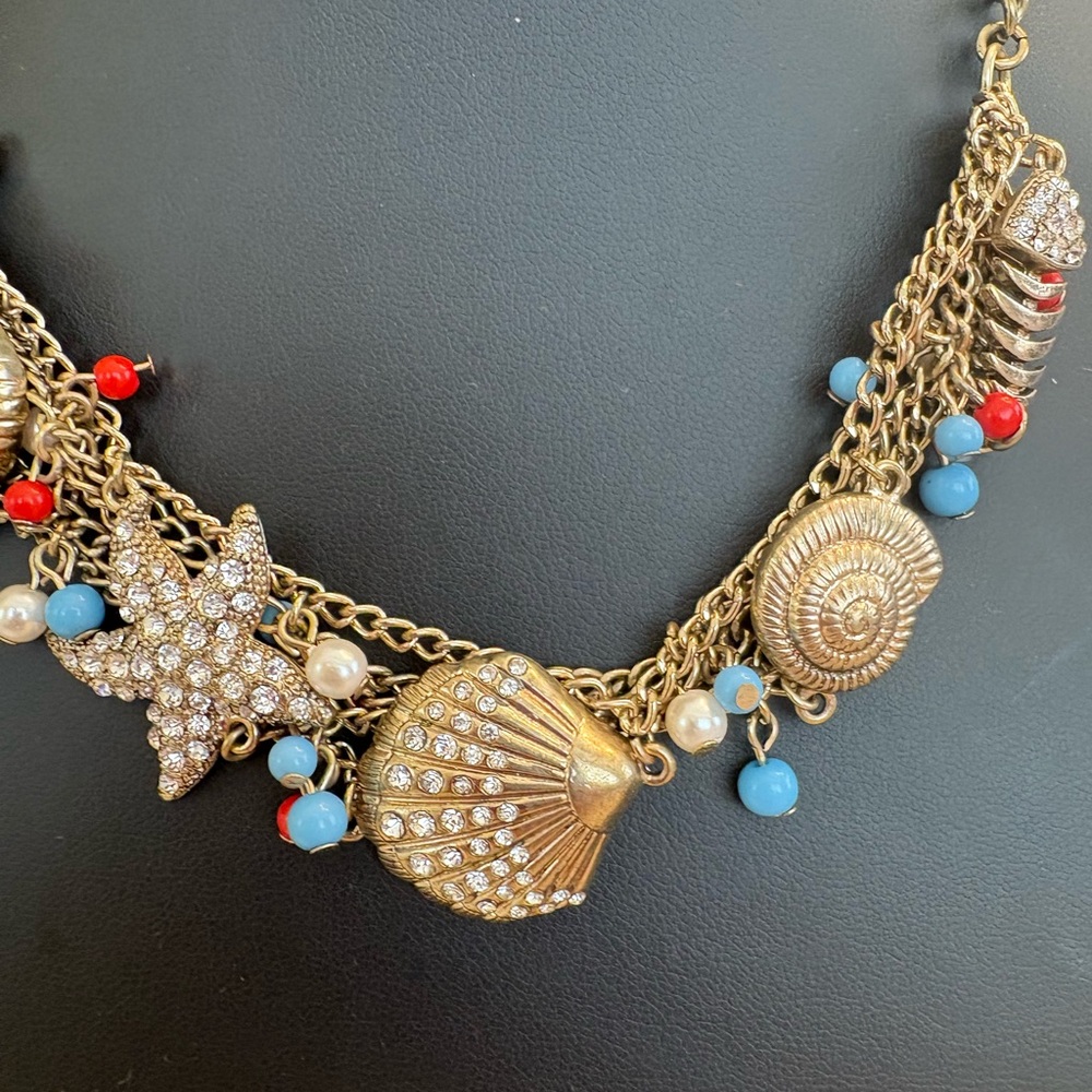Gold Tone Seashell Statement Nautical Necklace Bi… - image 1